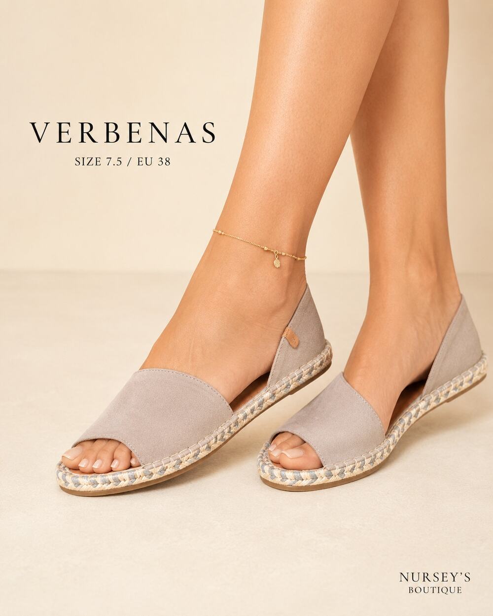 Verbenas Cruz Suede Peep Toe Espadrille Flats Taupe EU 38 US 7.5 Spain